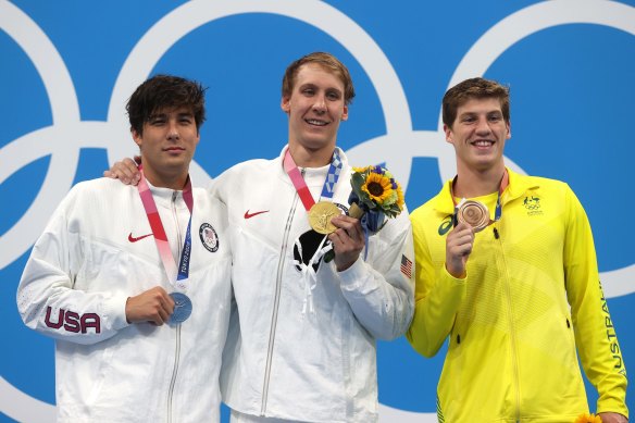 Brendon Smith with gold medallist Chase Kalisz (centre) and silver medallist Jay Litherland. 