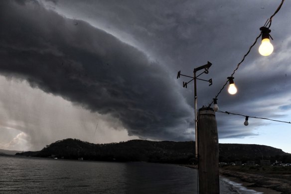 A line of storms associated with an east coast low sweeping over the Hawkesbury River north of Sydney in July 2020.