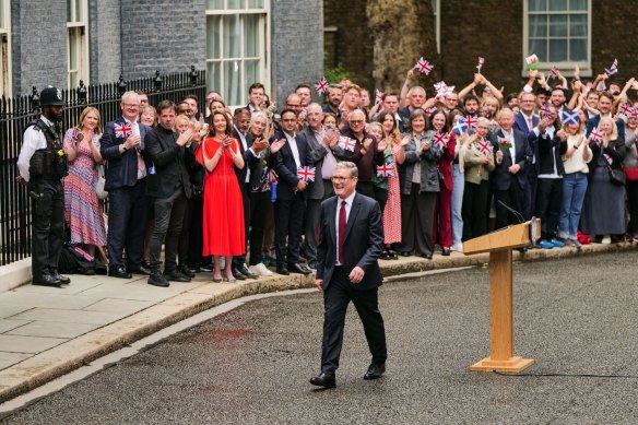 Keir Starmer, UK prime minister, after delivering the first speech of his premiership, following the general election, outside 10 Downing Street.