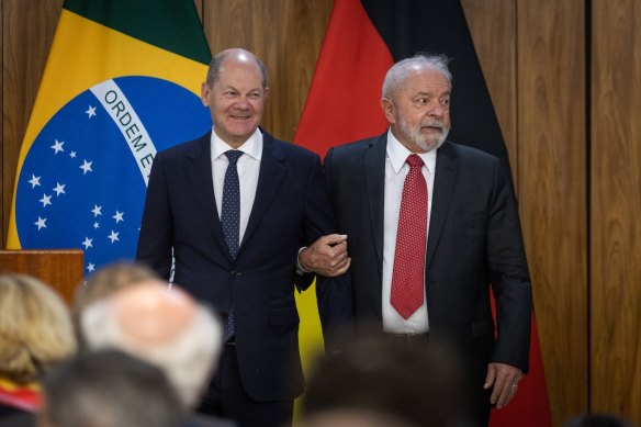 German Chancellor Olaf Scholz and Brazilian President Luis Inacio Lula da Silva in Brasilia.