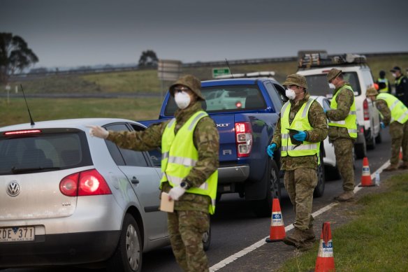 Army members helped enforce Melbourne’s ’ring of steel” during early lockdowns. 