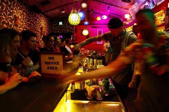 A scene from Sydney’s nightlife, at Jacobys Tiki Bar in Enmore outside the lockout zone.