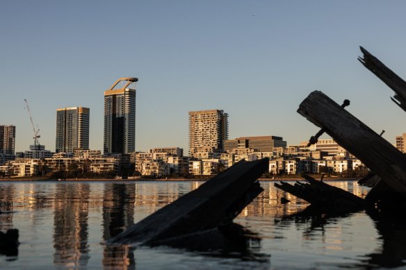 A view of Rhodes from Wentworth Point in 2022. 