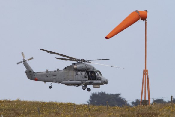 A Royal New Zealand Air Force helicopter takes off from Whakatane Airport to return to White Island.