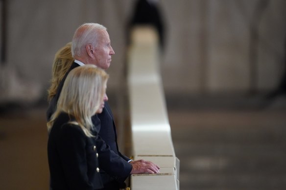 US President Joe Biden and First Lady Jill Biden viewing the coffin of Queen Elizabeth II.