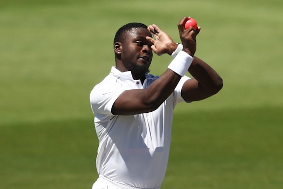 Jayden Seales bowling against the Prime Minister’s XI