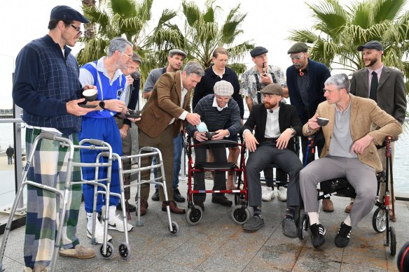 Geelong’s veterans dressed up as old codgers for their Wacky Wednesday celebrations after the 2022 premiership.