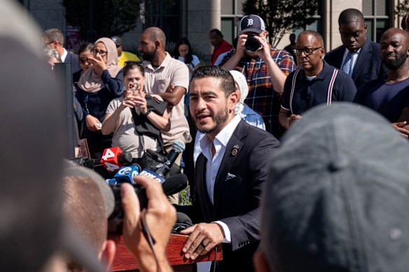 Abdul El-Sayed takes questions from the media after he was declared the victor in the Democratic primary.
