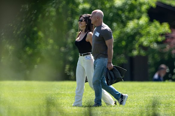 “He looks good, doesn’t he?” Lauren Sánchez Bezos with her husband, Amazon founder Jeff Bezos. 