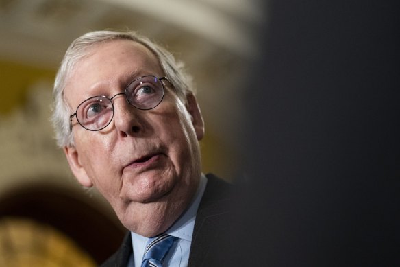 Mitch McConnell speaks during a news conference following the weekly Republican caucus luncheon.