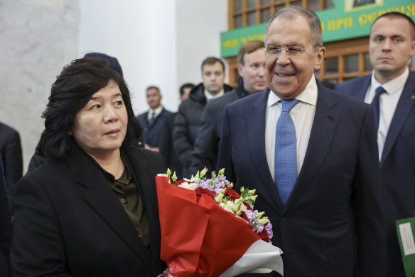 North Korean Foreign Minister Choe Son Hui and Russian Foreign Minister Sergey Lavrov at Yaroslavsky railway terminal in Moscow.