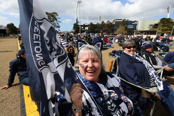 Tracey Harrison a longtime Geelong supporter waiting for the game to start as Geelong fans begin to gather at Kardinia Park in Geelong on 2022 AFL grand final day.