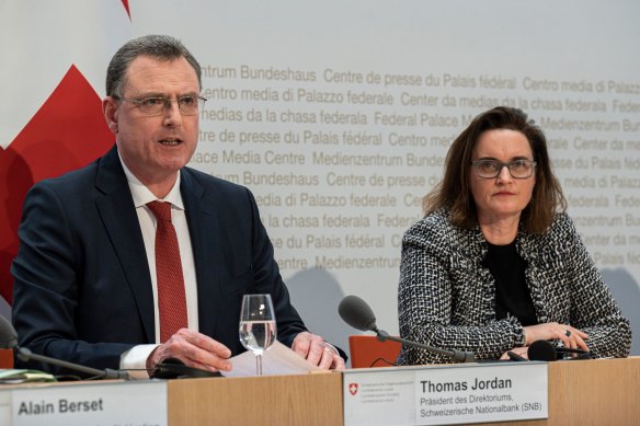 Thomas Jordan, the Swiss National Bank president, left, and Marlene Amstad, chairman of the Swiss Financial Market Supervisory Authority (FINMA), helped broker the deal that upset AT1 investors.