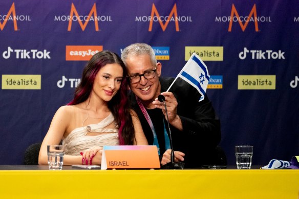 Israel’s artist Eden Golan with a delegation representative at the second semi-final press conference this week.
