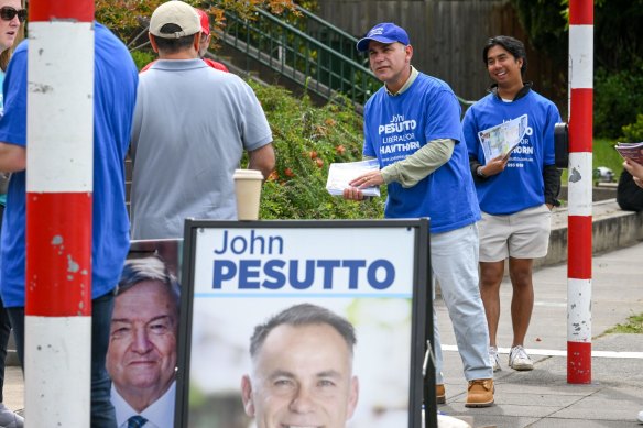 Liberal MP John Pesutto at a Hawthorn polling booth on election day.