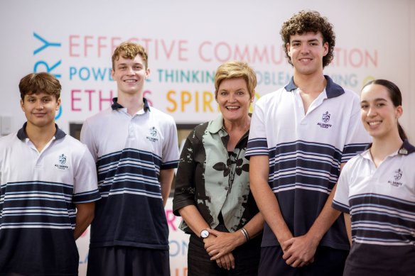 All Saints’ College principal Belinda Provis with students at the school in Perth, WA.
