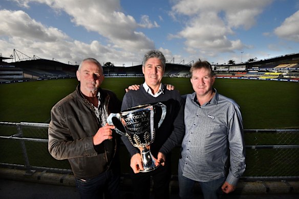 Carlton greats Robert Walls, Stephen Kernahan and David Rhys-Jones in 2017, marking the 30-year anniversary of their 1987 premiership win.