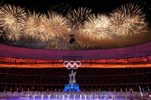 Fireworks during the closing ceremony of the 2022 Winter Olympics on Sunday night.