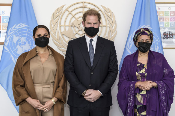 Meghan Markle and Prince Harry with UN Deputy Secretary-General Amina Mohammed at the UN headquarters in New York.