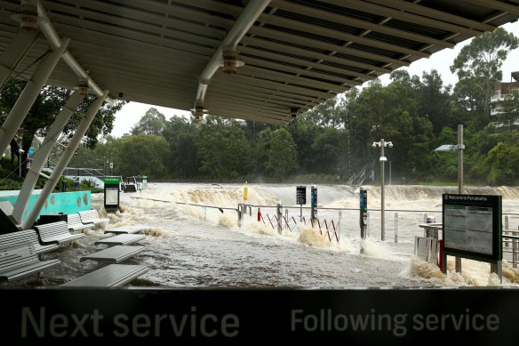 Parramatta ferry wharf overflows and floods due to continuous and heavy rain on Saturday.