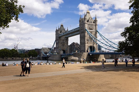 Dried out grass next to Tower Bridge in London on Monday.