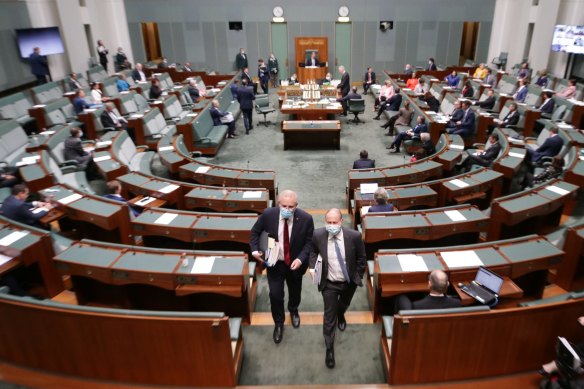 Prime Minister Scott Morrison and Treasurer Josh Frydenberg depart at the end of Question Time in August.