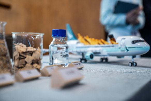 Materials for sustainable aviation fuel in front of a Cathay Pacific Airways model plane.