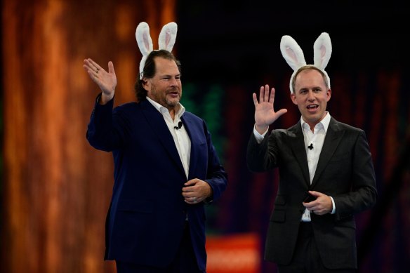 Bret Taylor (right)  shared co-CEO duties with Salesforce founder Marc Benioff (left) until Taylor’s departure last week. 