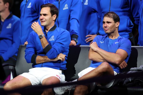 An emotional Roger Federer and Rafael Nadal following their final match at the Laver Cup in 2022.