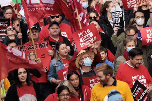 NSW public and Catholic school teachers marched to state parliament in June last year, calling for better pay and conditions.