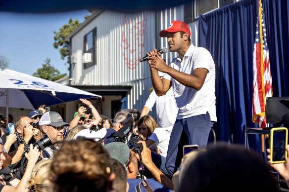 Republican presidential candidate Vivek Ramaswamy raps an Eminem song during the Iowa State Fair.