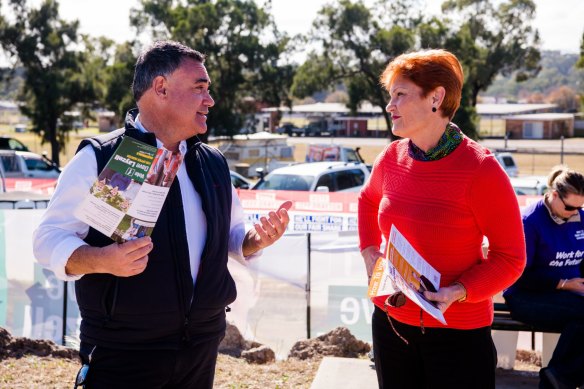 NSW Deputy Premier John Barilaro, in Muswellbrook campaigning for Nationals candidate Dave Layzell, speaks with One Nation’s federal leader Pauline Hanson, who is campaigning for Dale McNamara.