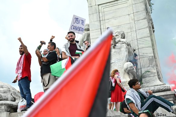 Demonstrators outside Union Station in Washington, DC, as Israeli Prime Minister Benjamin Netanyahu addressed a joint meeting of Congress on Wednesday.