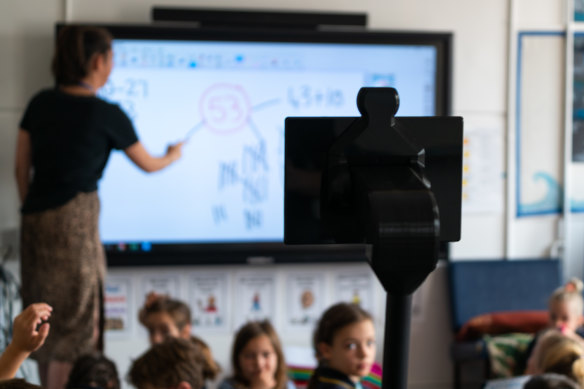 Ayla's telepresence robot lets her see into the classroom when she cannot attend. MissingSchool, the provider, is calling for the robots to be more available since the pandemic has kept more children at home.