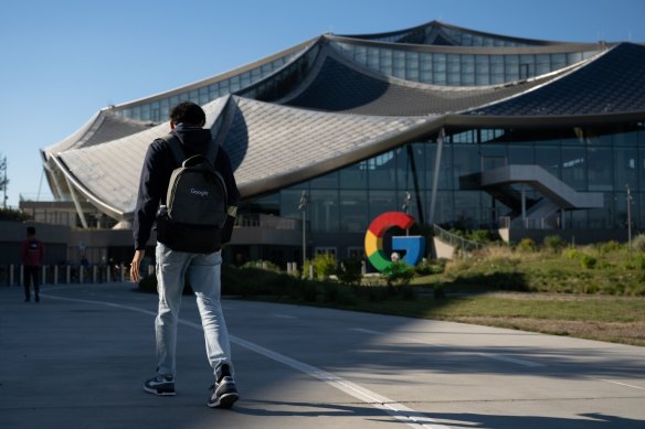 An employee arrives at the Google Bay View campus in Mountain View, California.