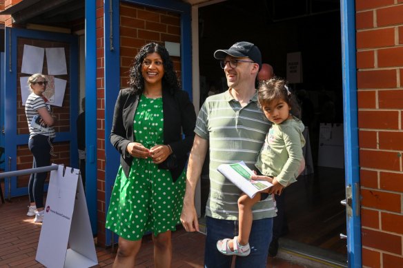 Victorian Greens leader Samantha Ratnam with husband Colin Jacobs and daughter Malala, 2, yesterday.