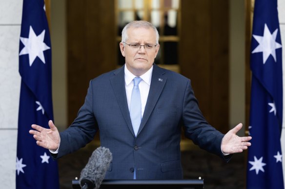Prime Minister Scott Morrison during a press conference at Parliament House in Canberra on Sunday.