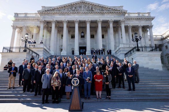 New US House Speaker Mike Johnson, a Republican from Louisiana, speaks outside the Capitol in Washington.