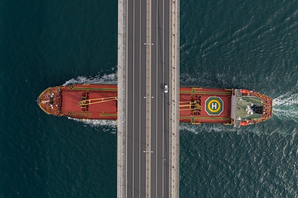 A ship travels up the Bosphorus strait in this photo from 2020.