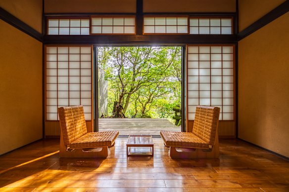 Low wooden zaisu chairs in the Akashi room.