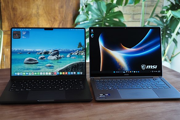 O Prestige 14 Flip da MSI (à direita) tem aproximadamente o mesmo tamanho do mais recente MacBook Pro de 14 polegadas.