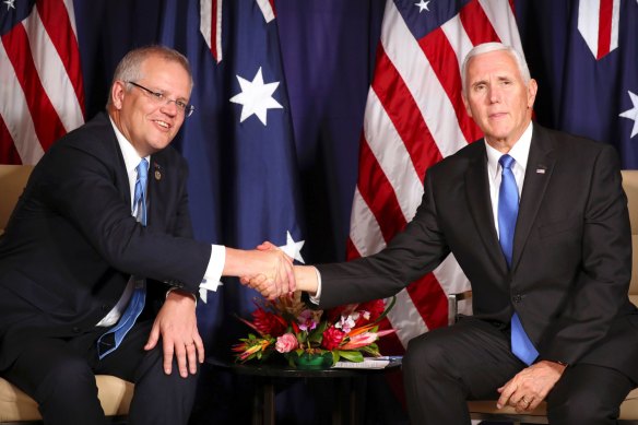 Scott Morrison and Mike Pence when they were serving as Australian prime minister and US vice president respectively.