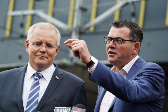 Prime Minister Scott Morrison and Premier Daniel Andrews speaking to media about the airport rail link at Sunshine station in April, 2019. 