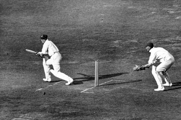 Don Bradman at the crease in the test match in England in 1934.