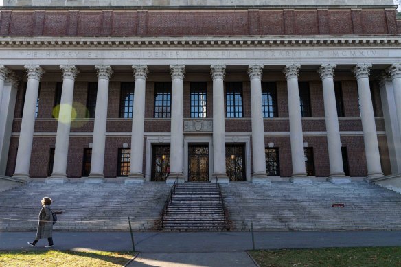 The Harry Welkins Widener Memorial Library on the Harvard University campus in Cambridge, Massachusetts.