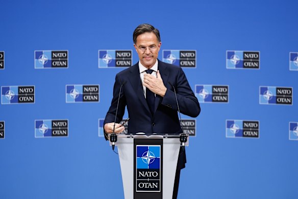 NATO Secretary-General Mark Rutte during a news conference at the NATO headquarters in Brussels.