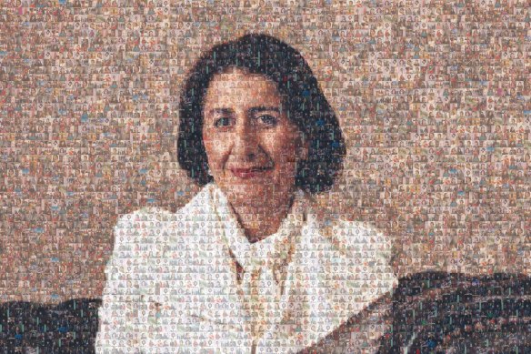 A composite mosaic photo of NSW Premier Gladys Berejiklian made with photos taken at her daily press conferences this year. There are more than 330 photographs taken by Herald photographers used in this image.