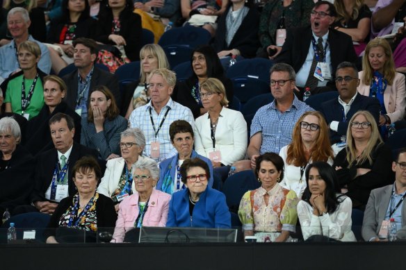 Tennis legend Billie Jean-King (blue jacket) watches the women’s semi-finals.