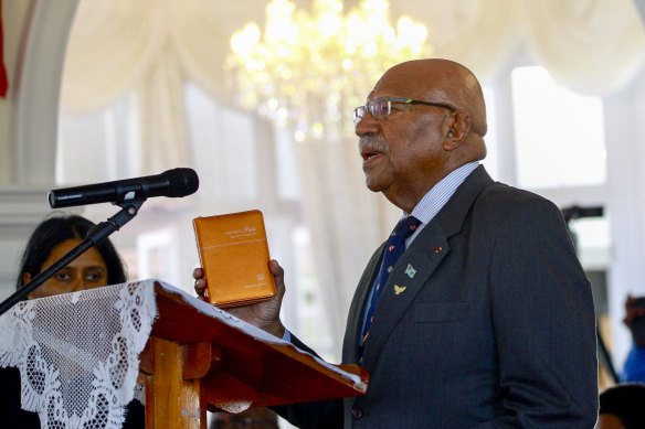 Sitiveni Rabuka is sworn in as the prime minister of Fiji in Suva, on Christmas eve last year.