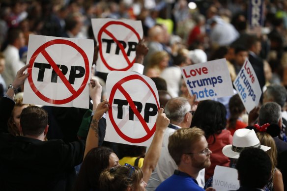 Delegates oppose the Trans-Pacific Partnership during the Democratic National Convention (DNC) in Philadelphia in July 2016.